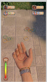 Rubber Band Throw gameplay screen showing the player hand and rubber bands on the floor