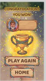 Rubber Band Throw victory screen with trophy and play again button